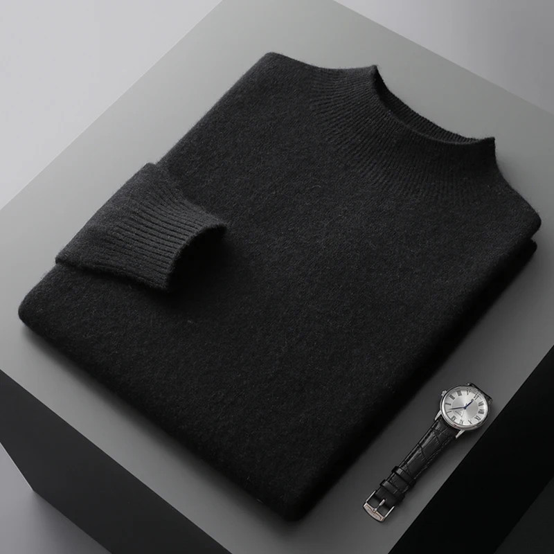 Autumn Winter Men’s Wool Pullover Basic Mock Neck Sweater Soft Warm Cashmere Jum