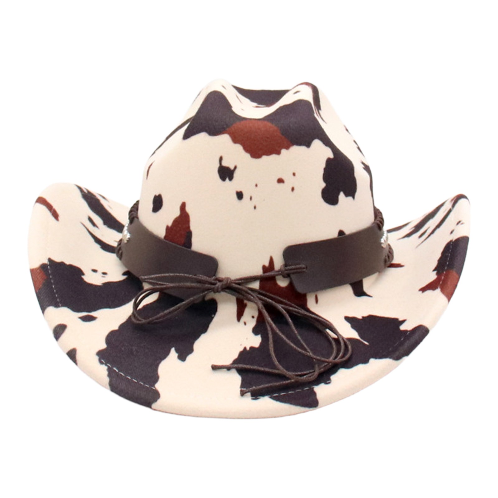 Women Western Cow Print Wide Brim Cowboy Hat with Cow Head Rivet Belt Decoration