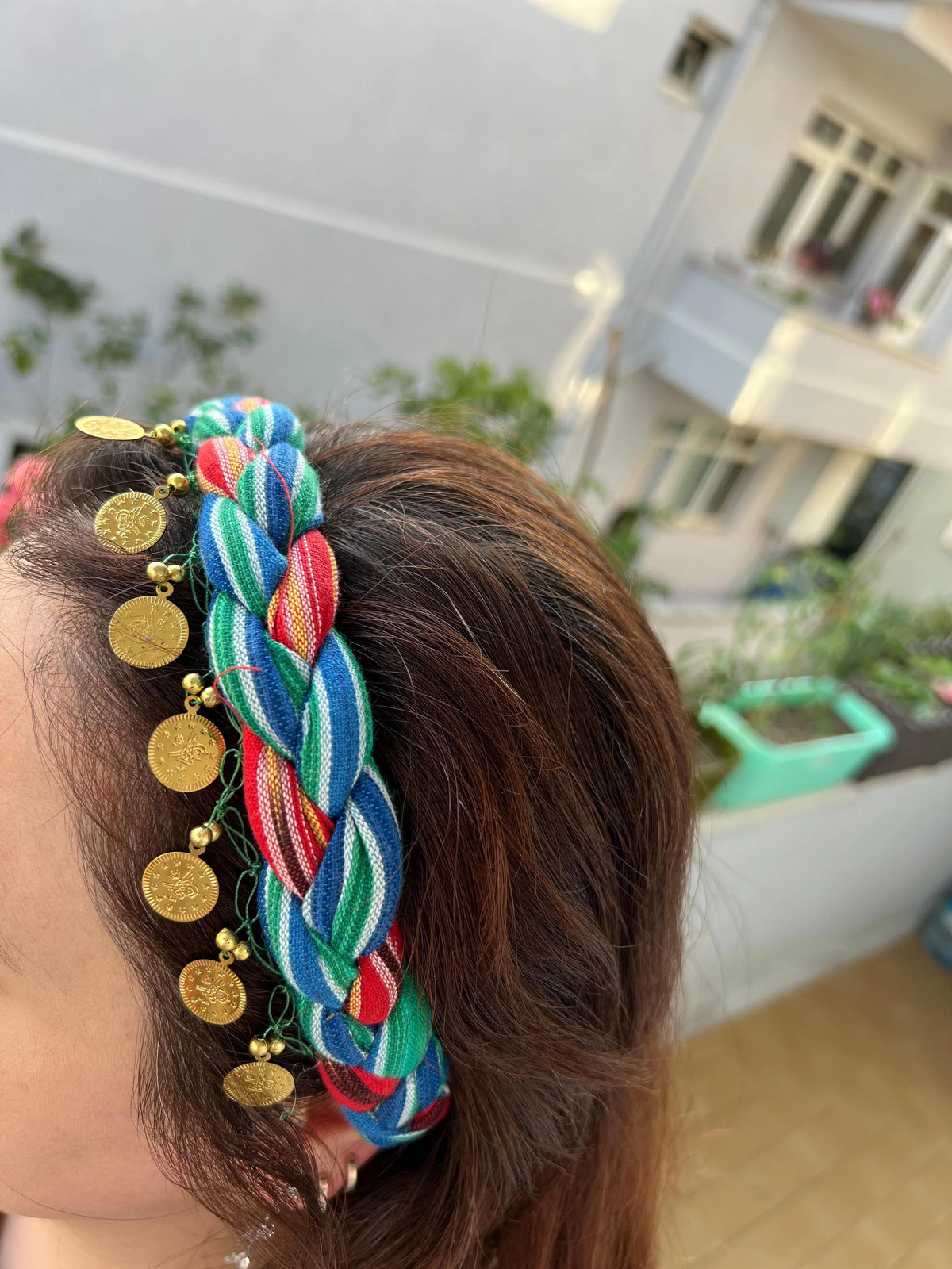 Gold Coin Handwoven Cotton Hair Band Green Blue Red Yellow Striped Handmade