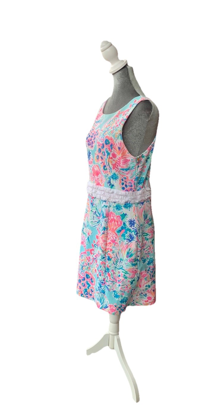 Lilly Pulitzer Arden Mini Shift Dress Serene Blue Gypsea Size Medium Fringe Fish