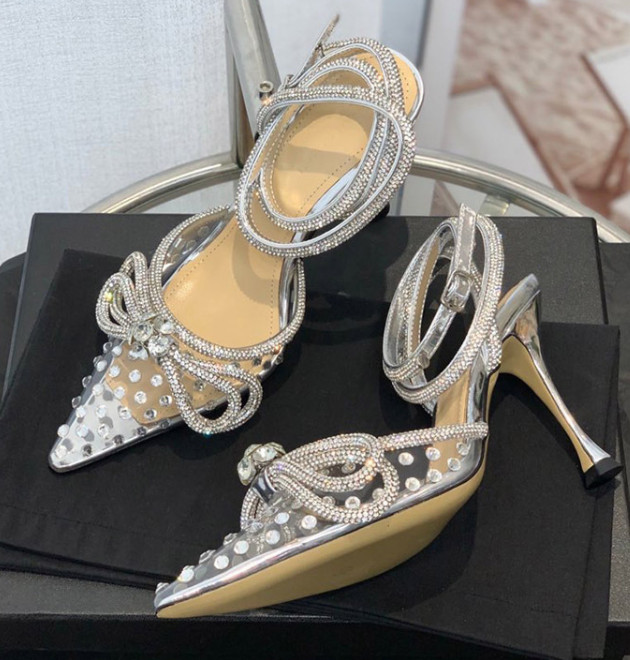 Women Rhinestone Ankle Strappy Pumps Bowknot Pointed Toe Stilettos Glitter Shoes