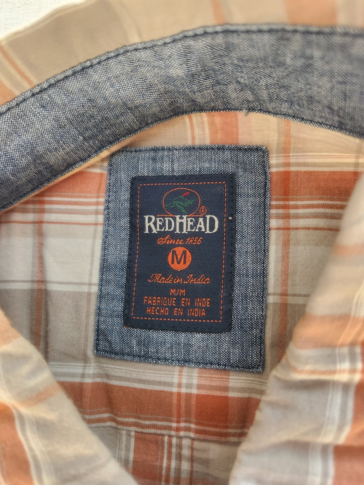 RedHead Men M Orange Beige Plaid Cotton Woven Short Sleeve Button-Up Pocket #043