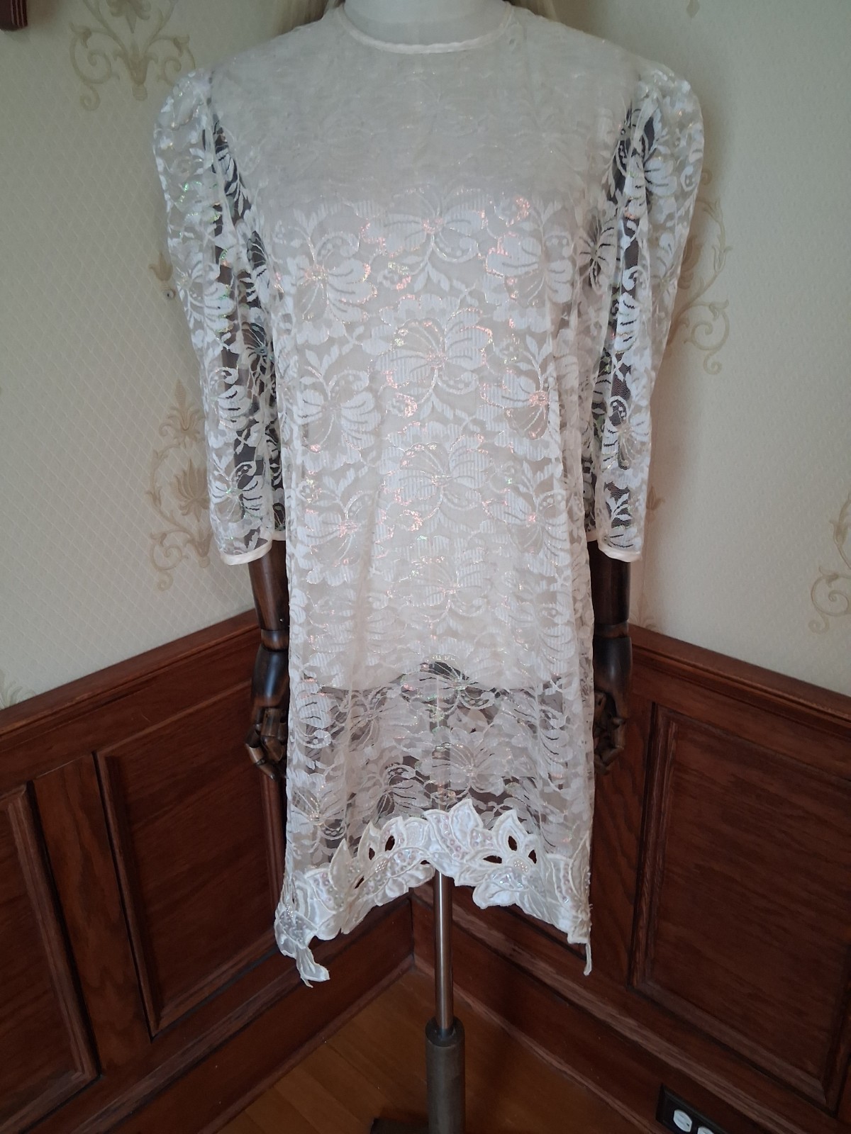 Vintage 1980s Desiree Ivory Sheer Iridescent Lace Romantic Coquette Mini-Dress