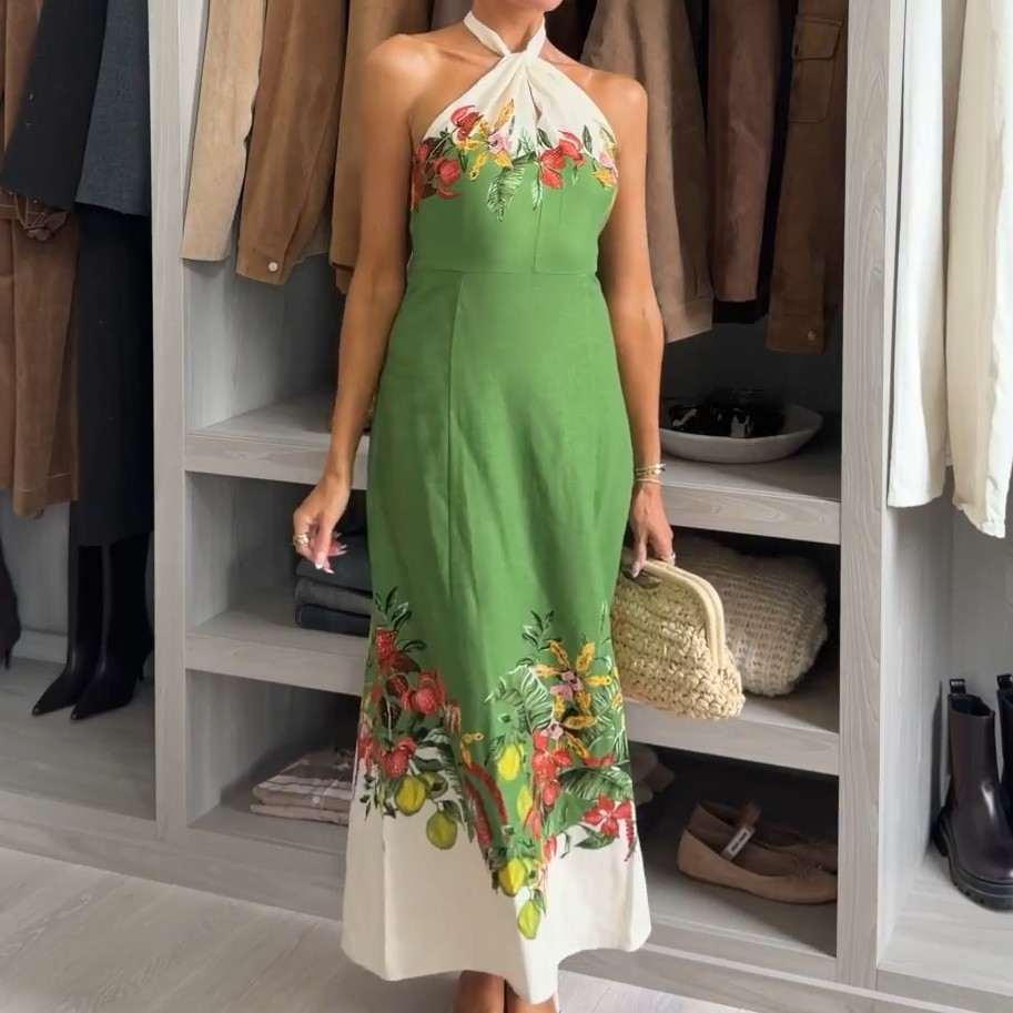 NWT H&M Linen-blend Halterneck Dress Green/flowers 1329753001 Sizes S, M, L