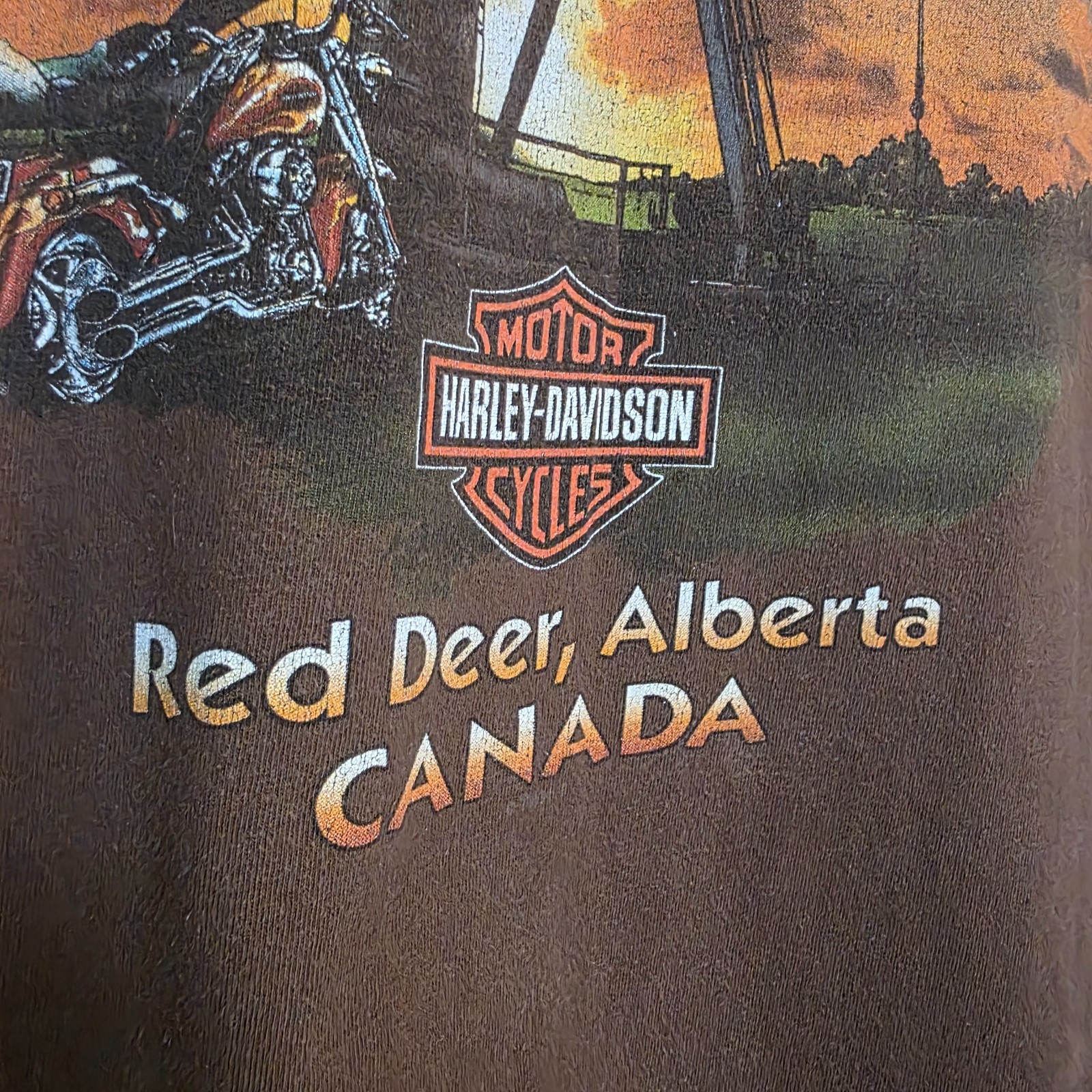 Vintage Harley Davidson Shirt XL Brown Gasoline Alley Red Deer Alberta Pumpjack