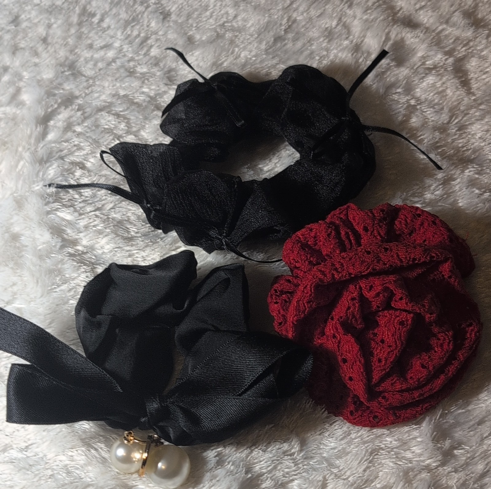 Black Red Satin Fabric Hair Ties Set with Bow and Beaded Accents