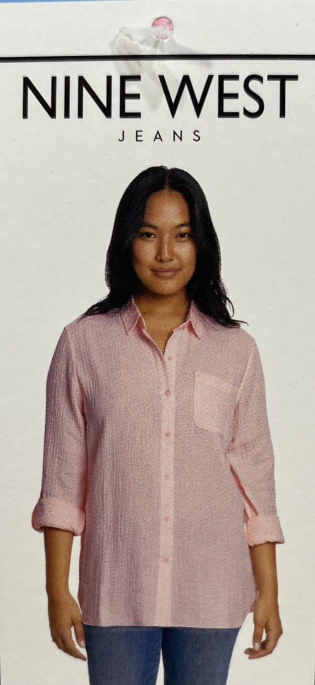 NWT Nine West Long Sleeve Chest Pocket High Low Hem Double Gauze Button Up