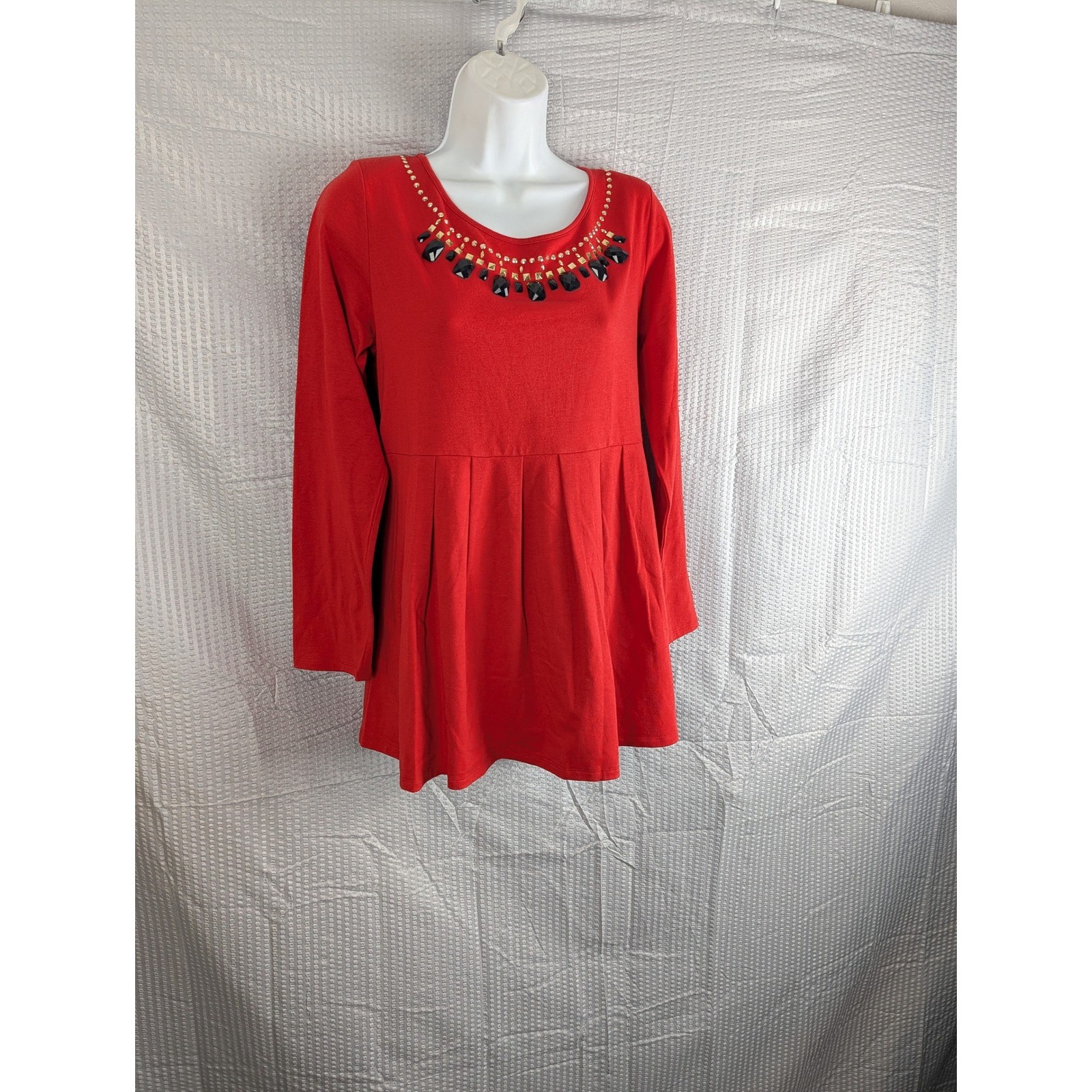DG2 by Diane Gilman Red Embellished Tunic Top Long Sleeve Pleated Peplum Small