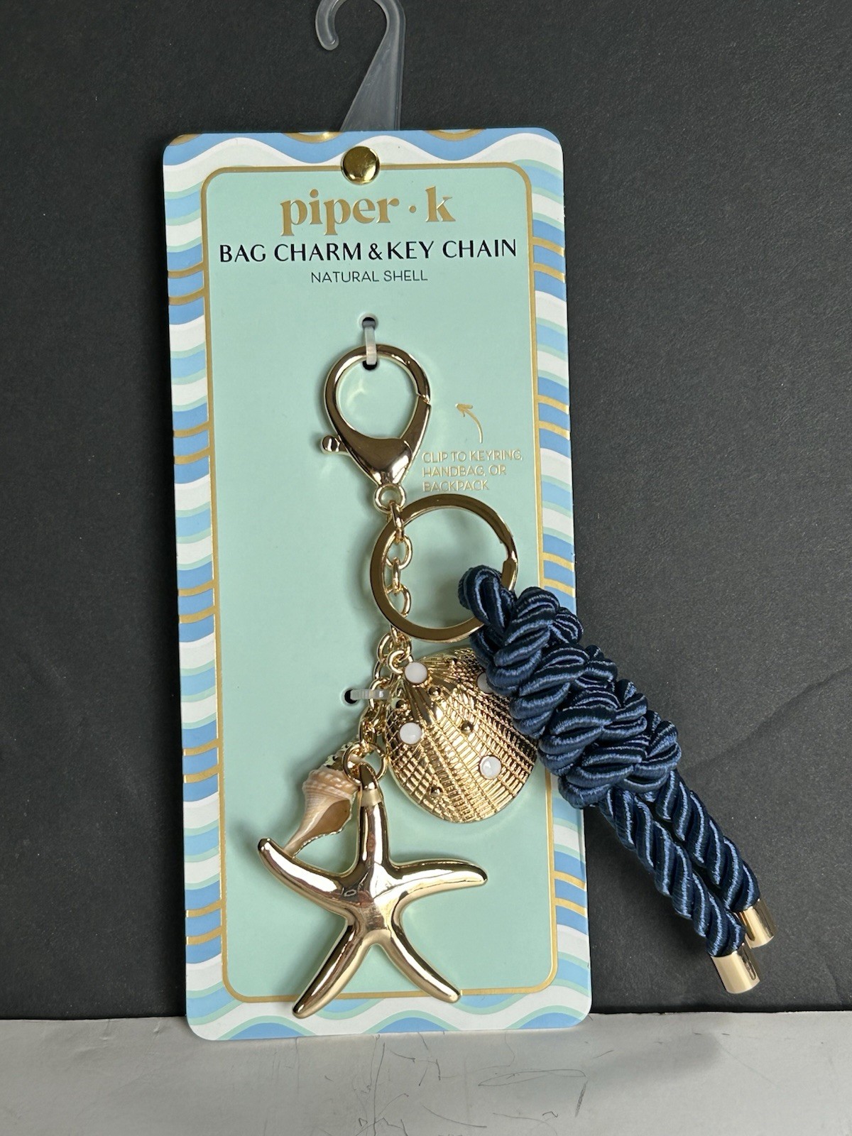 Piper K Seashell Starfish Clam Bag Charm Gold Navy Blue Keychain