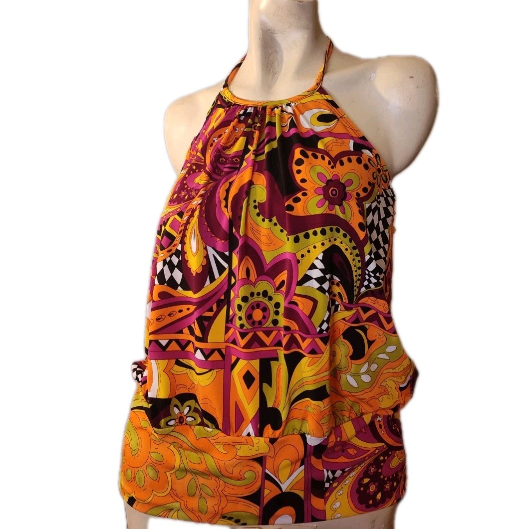 Vintage A buyer Halter Top Size Sm USA Psychedelic Floral Paisley Boho Hippie