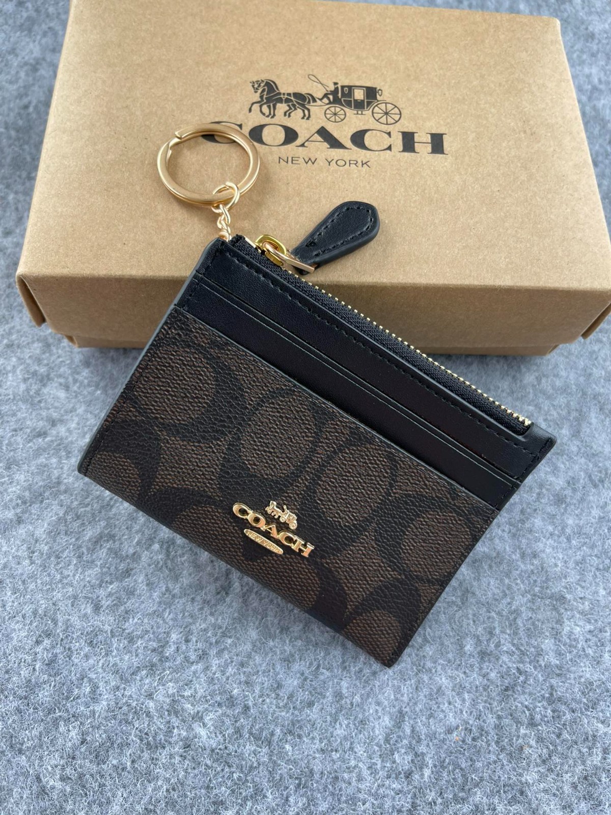 COACH Signature 88208 Mini Skinny Id Case Crossgrain Leather Brown/Black W/Box