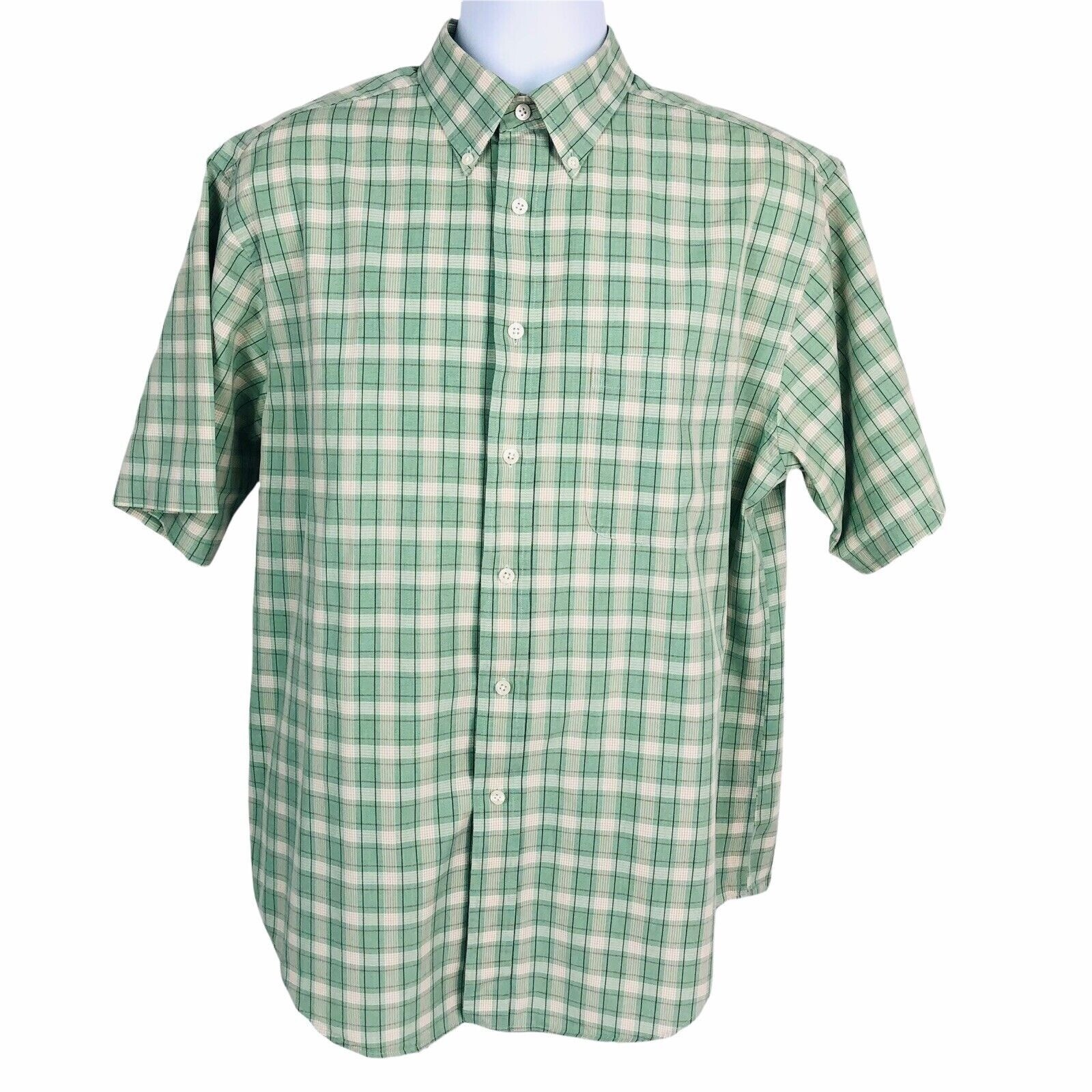 Roundtree & Yorke Men’s Shirt L Large Button Down Green Beige White Plaid Cotton