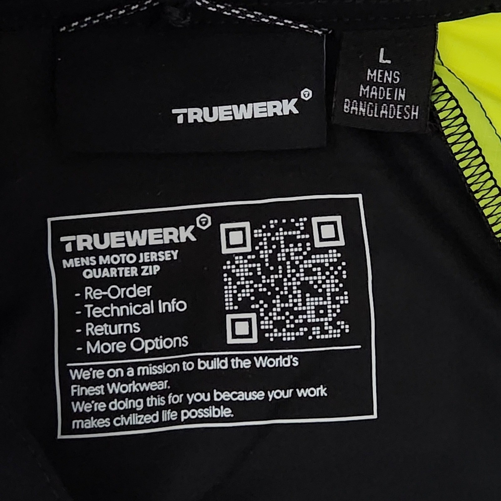 Truewerk Moto Jersey 1/4 Zip Mens Large Black Hi-Vis Yellow Reflective NEW