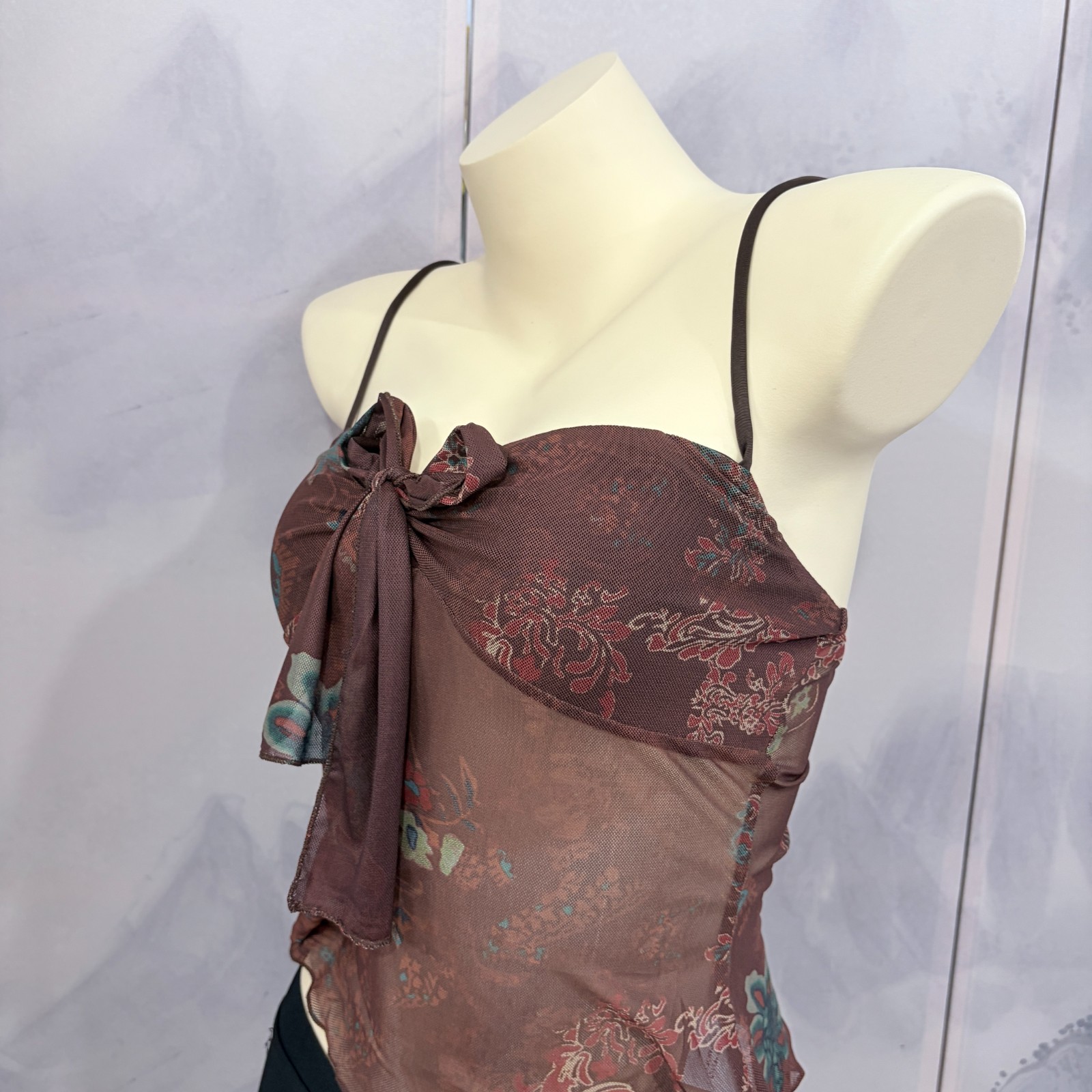 Vintage Floral Mesh Tie Front Cami Top