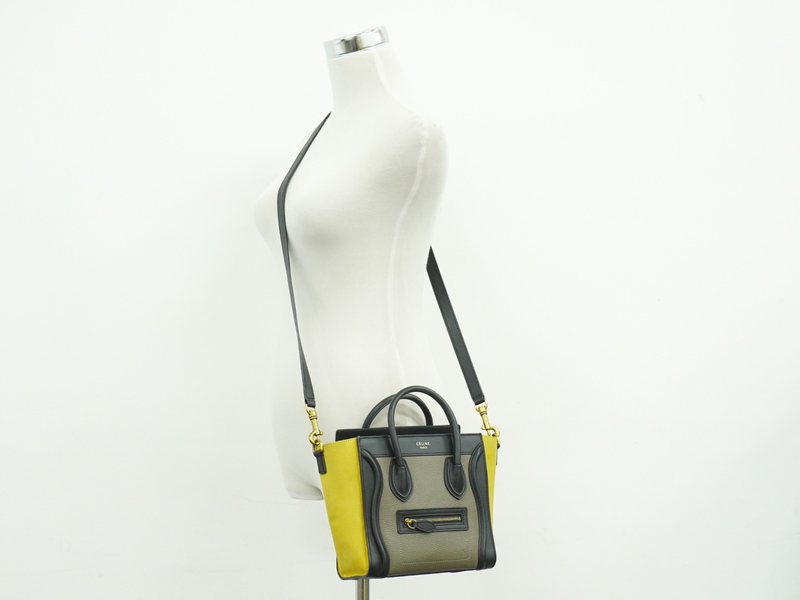 CELINE Luggage Nano Leather 2way Shoulder Handbag Greige Yellow Black