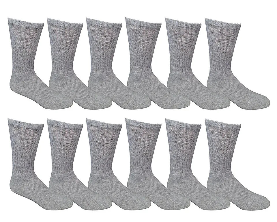 12 Pairs Men’s Grey Sports Crew Socks Work Athletic Cotton Socks Size 9-11 10-13