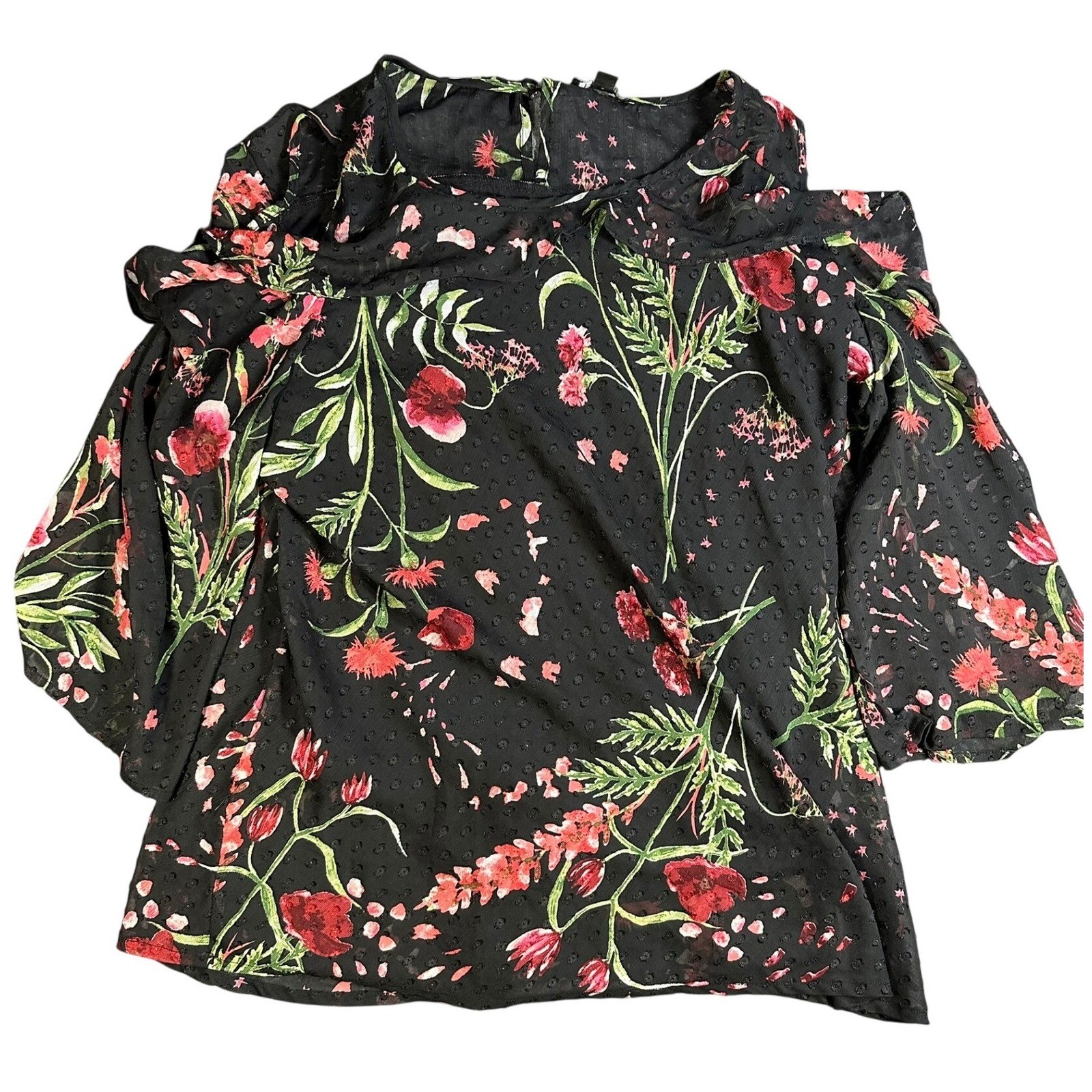 Roz & Ali Womens 2X Black Red Floral Clip Dot Cold Shoulder Ruffle Blouse Top