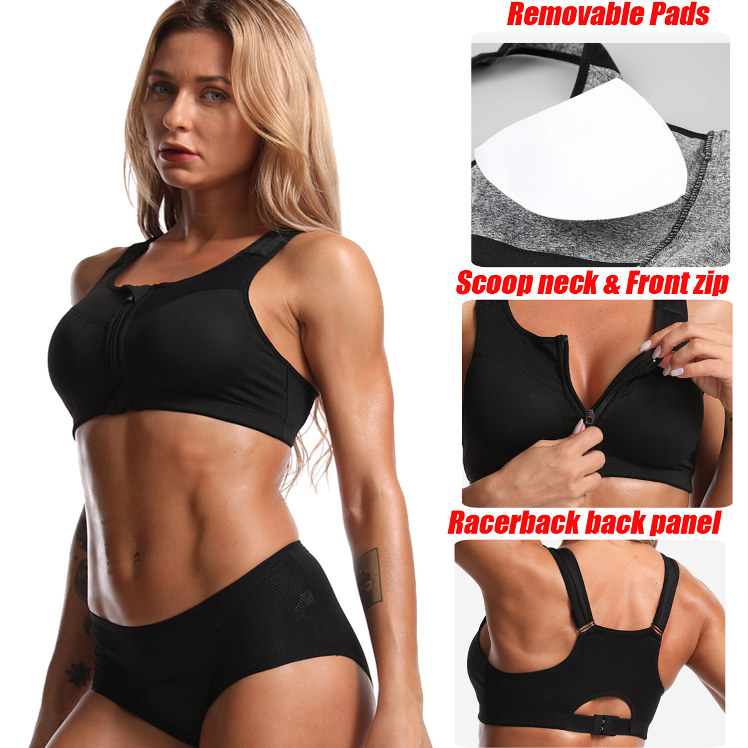 Women’s High Support Push Up Zip Front Close Padded Sports Bra Workout Plus Size