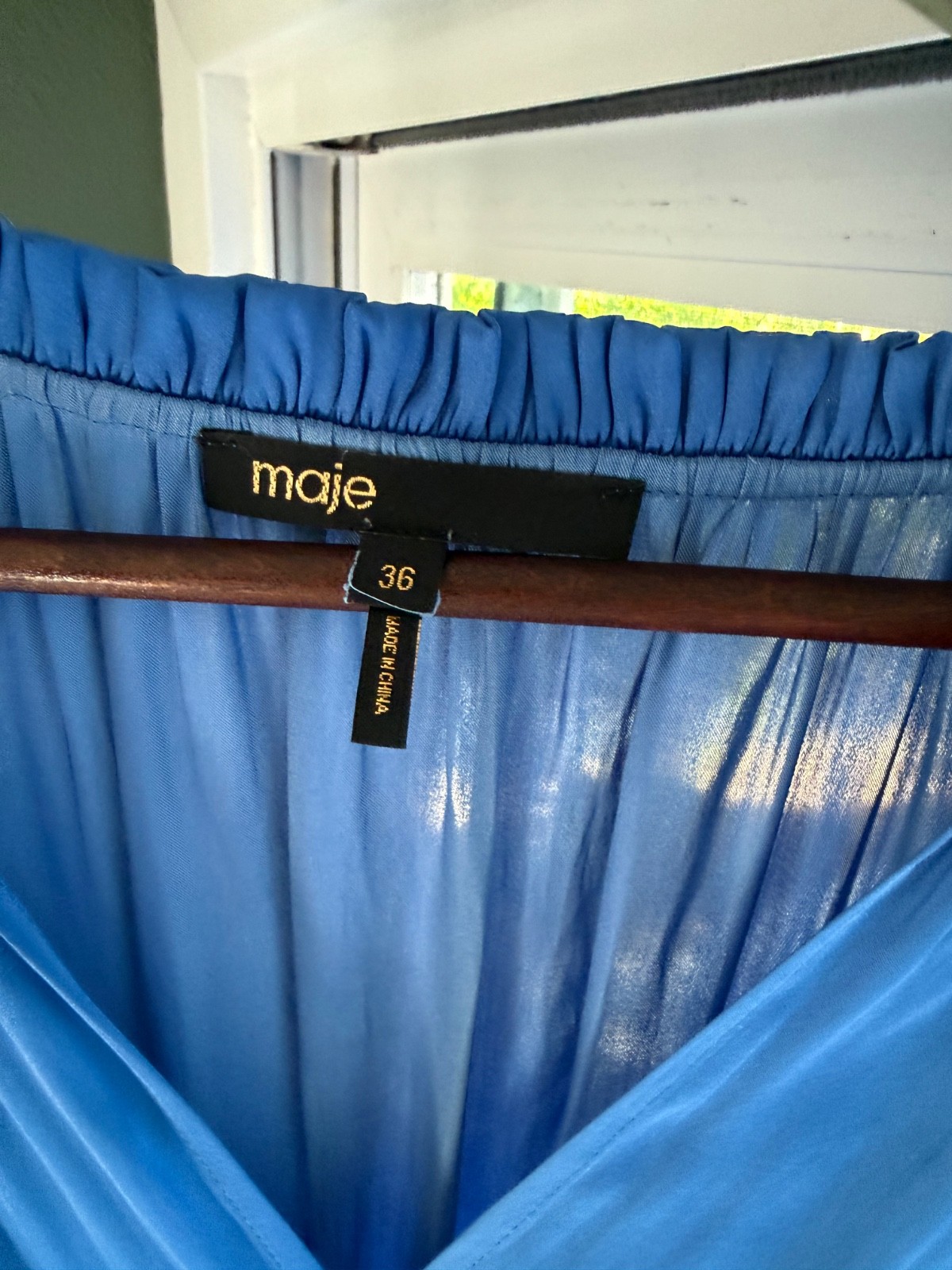 MAJE Blue Satin Rushed Midi Dress Size Small