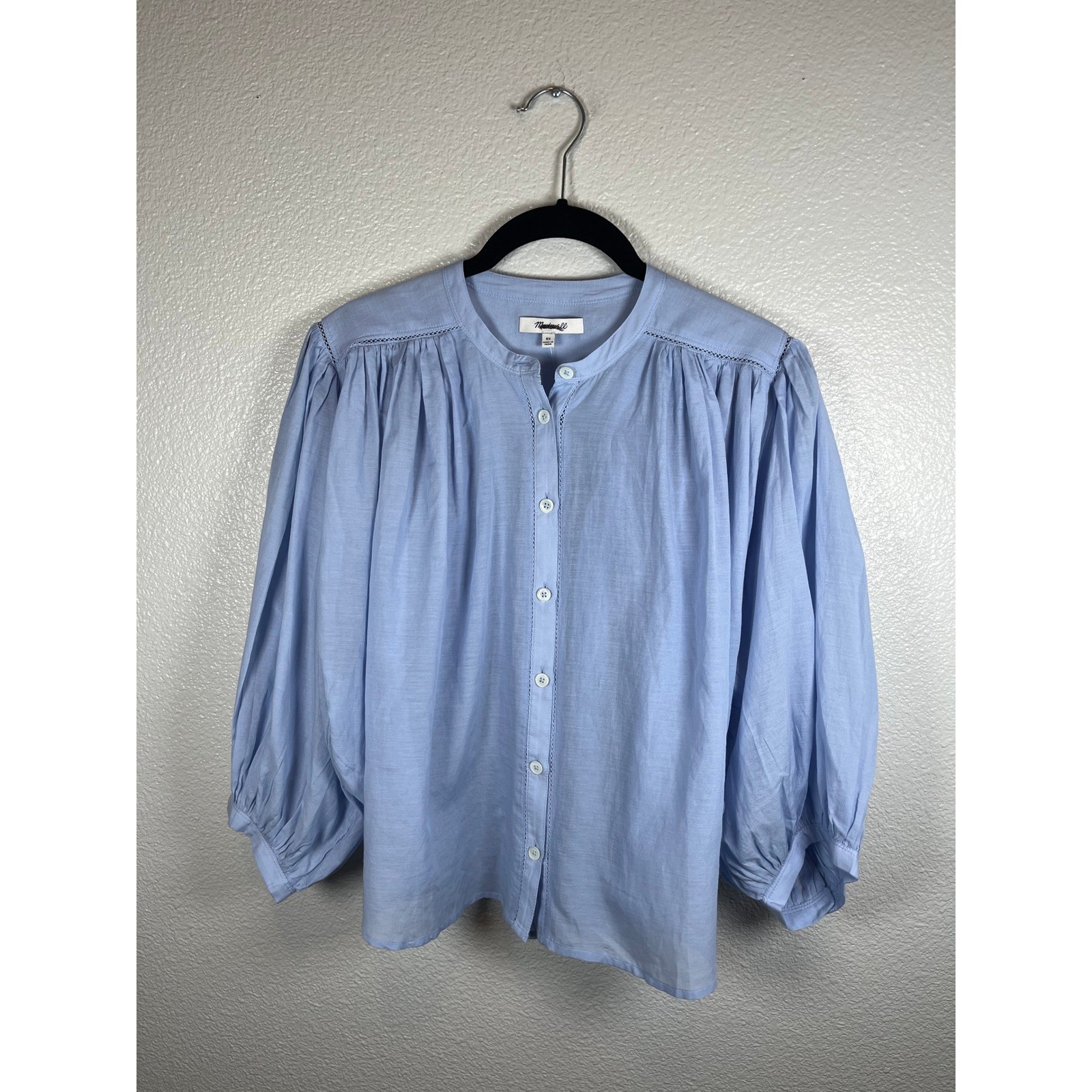 NWT Madewell Shirred Crewneck Button-Up Top Tranquil Blue Extra Small