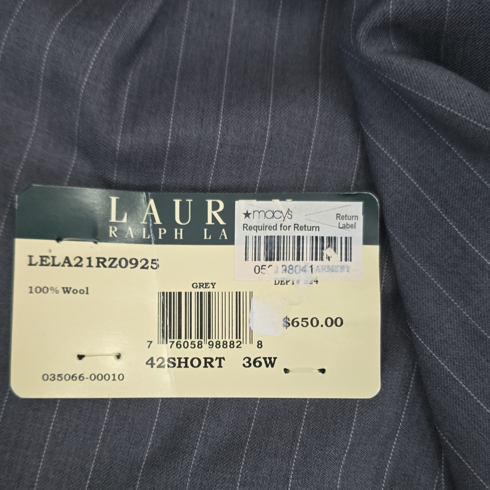 Lauren Ralph Lauren Gray Pinstripe Wool 2-Piece Suit 42 Short 36W 2-Button