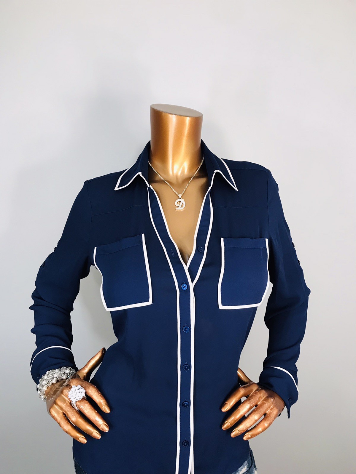 Express Portofino S Top Navy White Logo Button Up Shirt Long Sleeves Low Cut