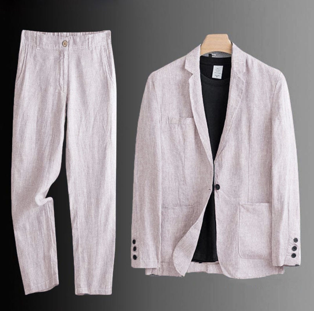 2 Pc Men Two Button Suit Summer Linen Causal Blazer Pants Coat Beach Jacket