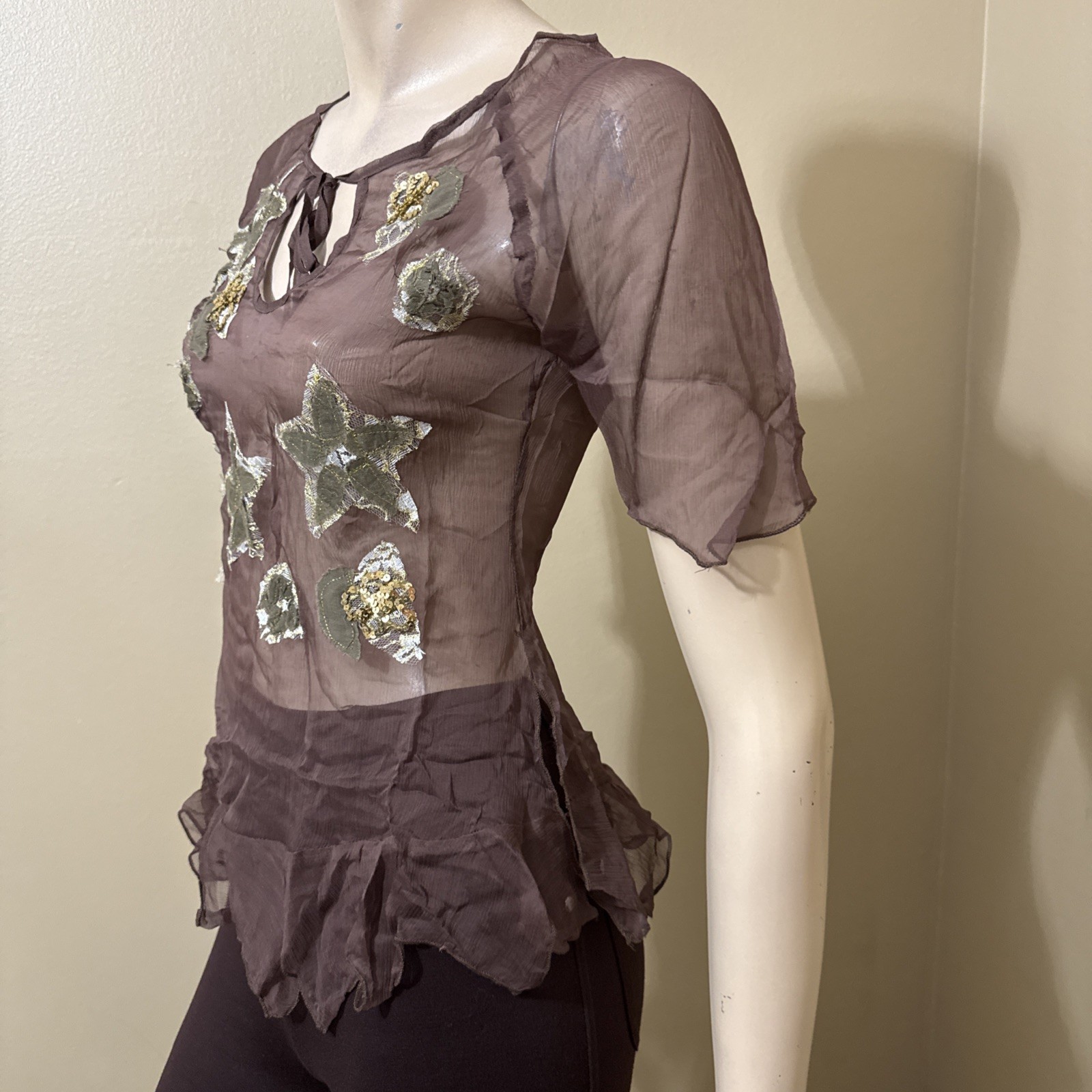 Women’s Brown Silk Casual Summer Sheer Beaded Embroidered Lace Size S Blouse Top
