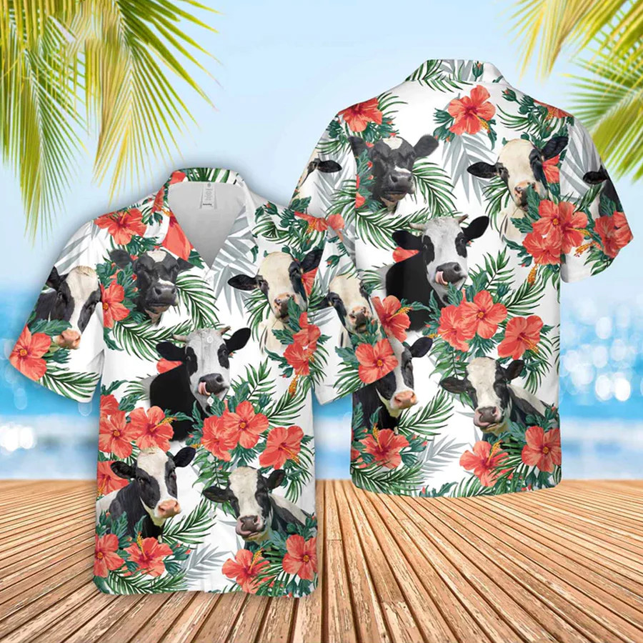 Holstein Cow No Horn Hawaiian Flowers Trendy Hawaiian Shirt, Gift For Farm