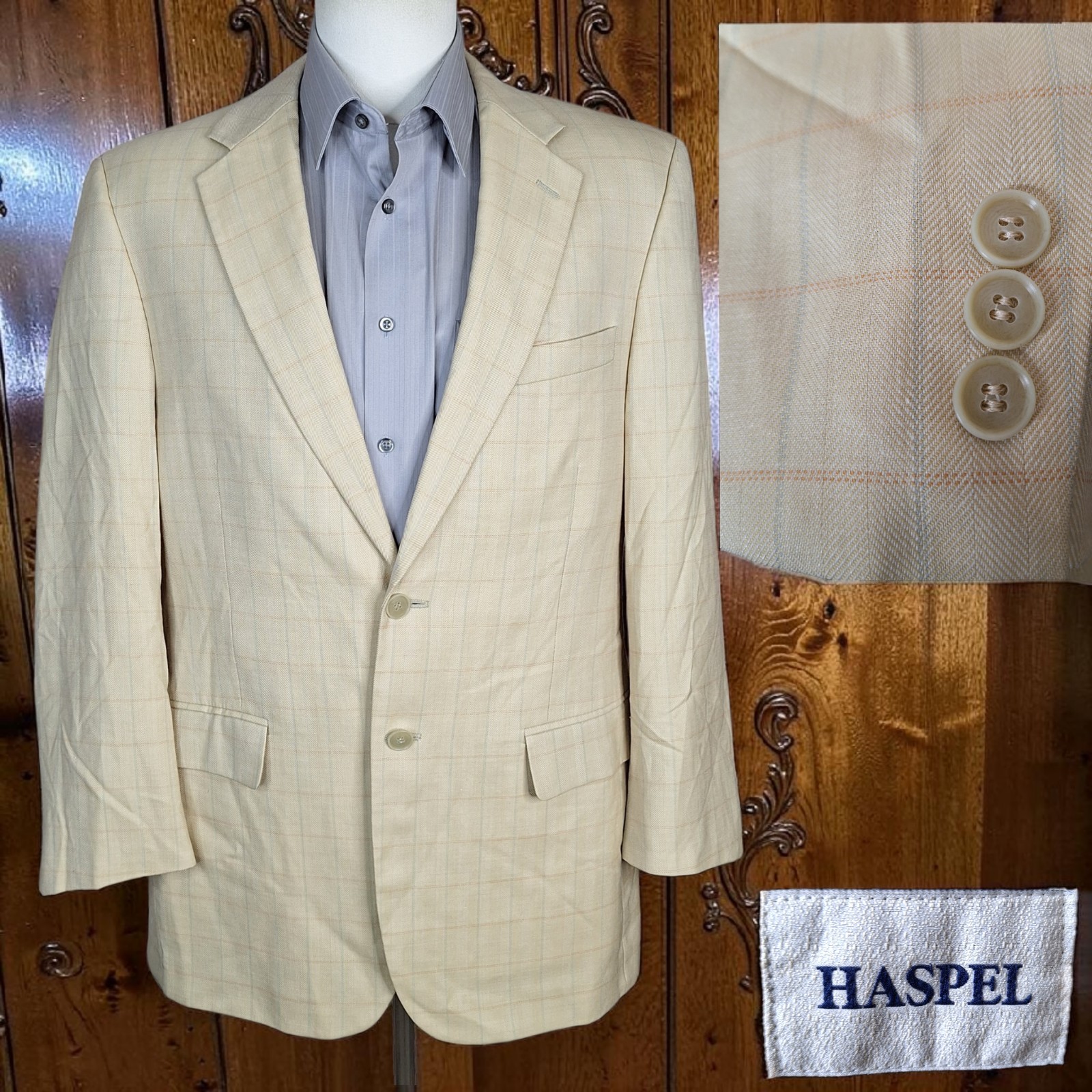 Haspel Sport Coat Jacket Mens 42R Light Beige Multicolor Windowpane SV