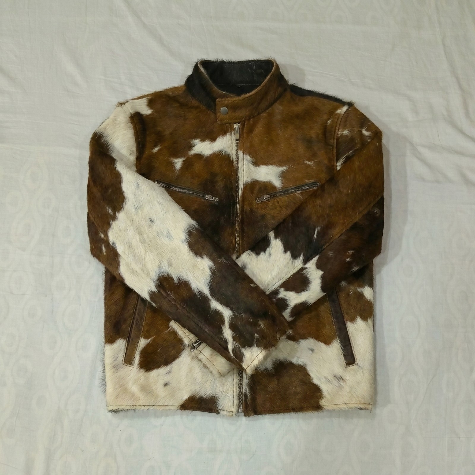 Mens Real Cowhide Leather Jacket Hair on Hide Cow Print Western Cafe Racer Coat