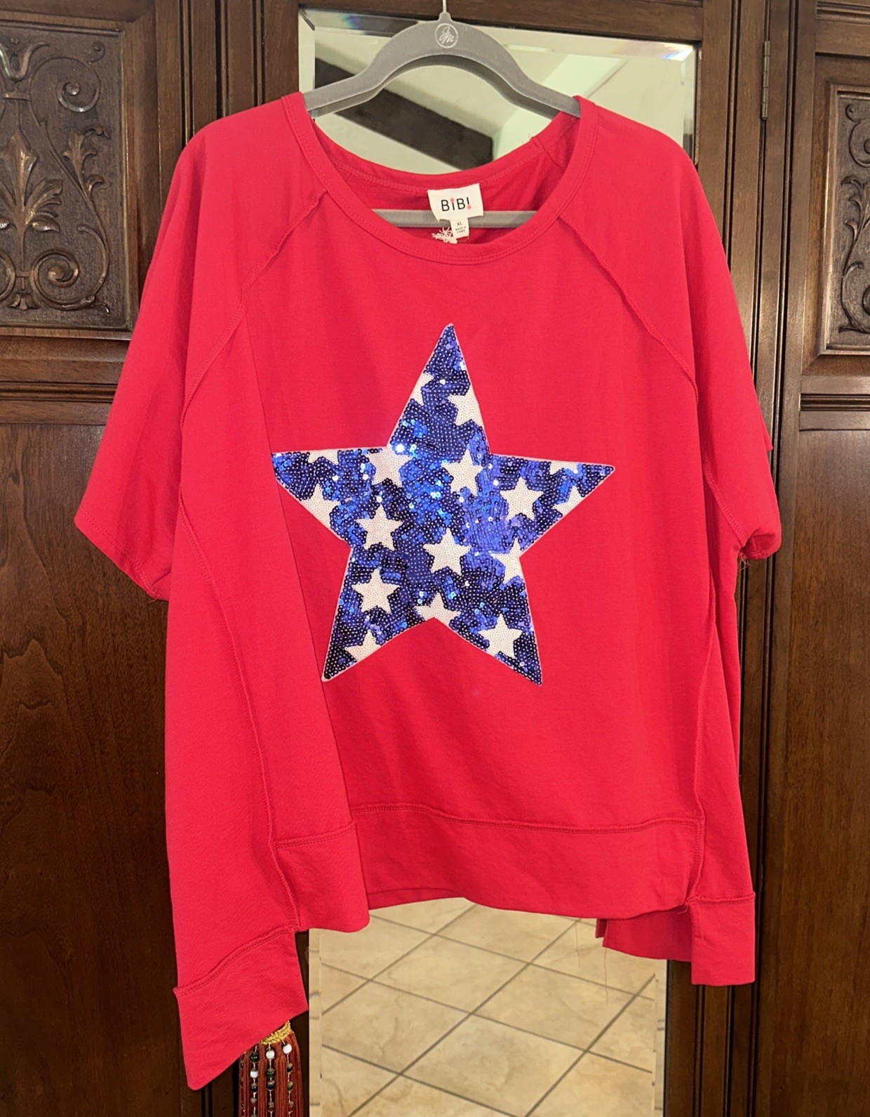 Bibi Brand Red Top With Blue Sequined Star Size XL NWT