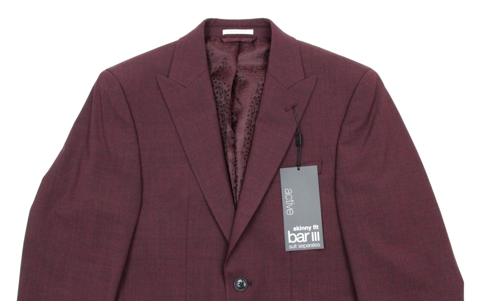 Bar III Suit Jacket 40 L Mens Skinny Fit Burgundy Red Wool Peak Two Button NWT