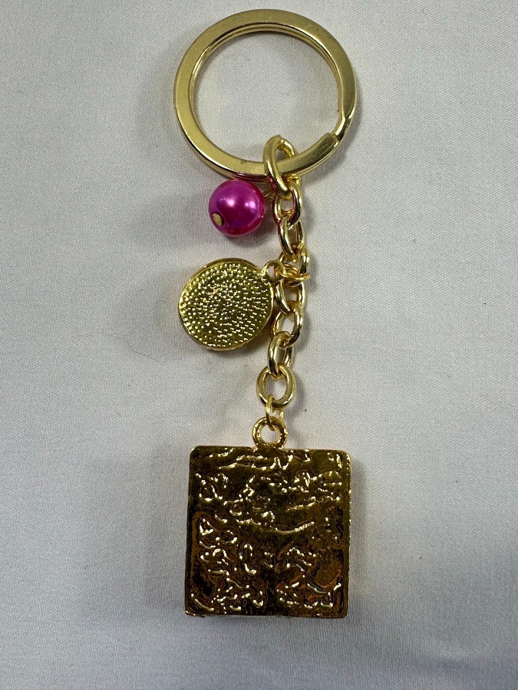 Gold Tone Mosaic Teal Square Charm Keychain Bag Accessory Initial O Pink Bead