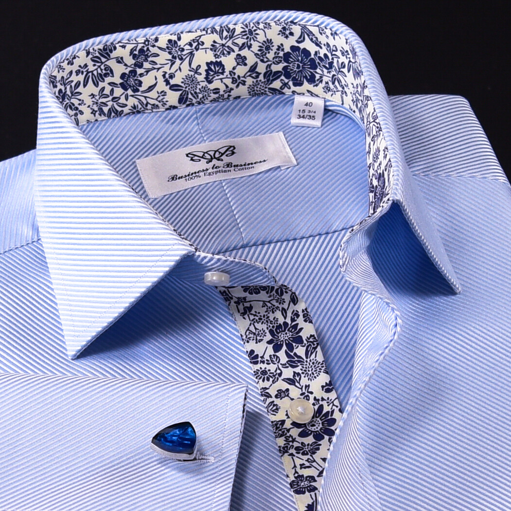 Elegant Blue Twill Double Ply 80’s Fine Wevon Formal Business Shirts Floral Inne