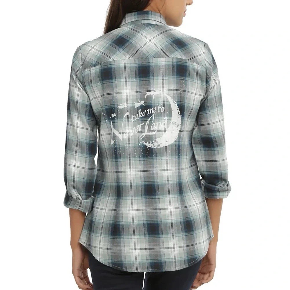 Disney Women’s L Blue/Gray/White Plaid Peter Pan Button-Up Shirt Pockets flannel