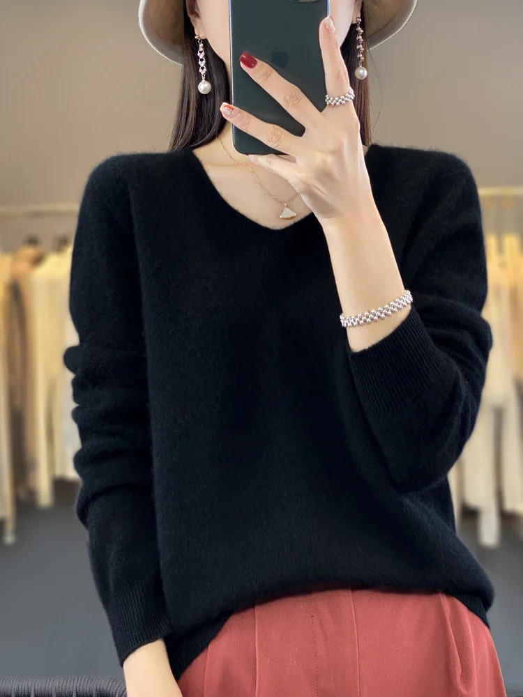 Women’s V-neck Pullover Sweater Knitwear Soft Warm Cashmere Loose Grace Style
