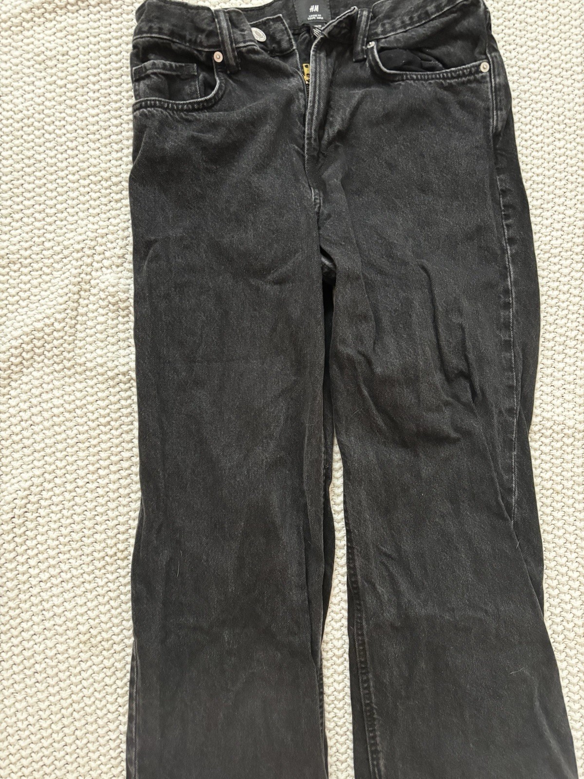 H&M Loose Fit Black Cotton Denim Jeans Dark Wash 5-Pocket Zip Button