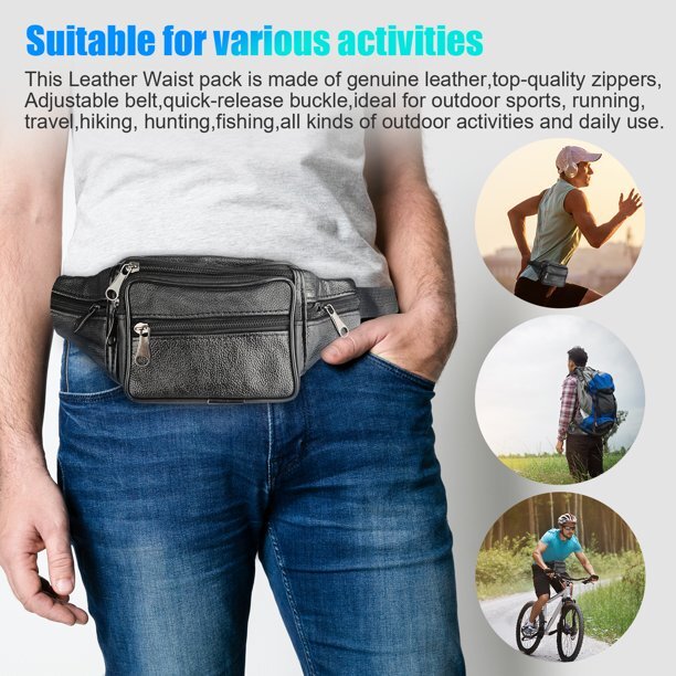 Fanny Pack Black Genuine Leather Waist Bag Travel Purse Hip Belt Carry On Pouch