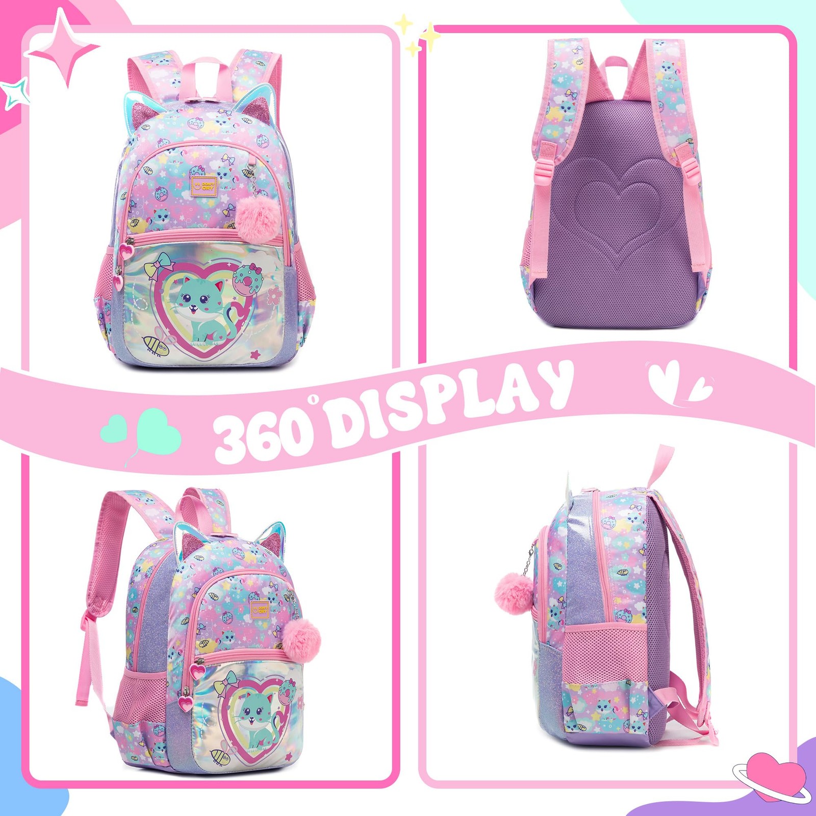 School Backpack for Girls Kids Backpacks for Girls Bookbag with Lunch Box Cat…