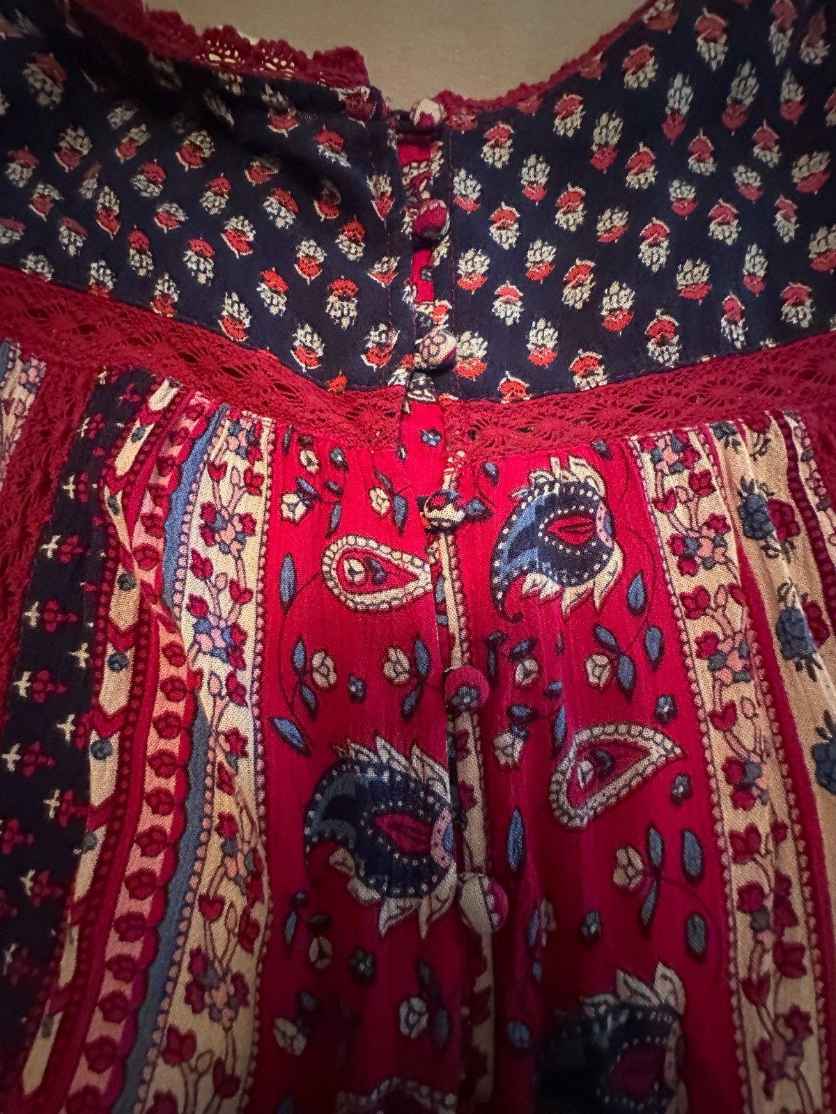 Maeve Anthropologie Floral Paisley Lace Boho Button Back Peasant Top Cottagecore