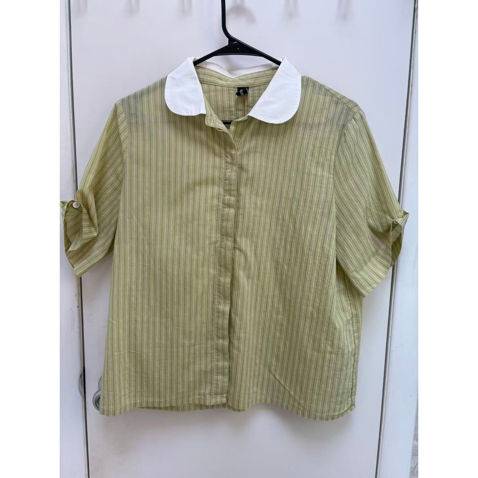 Women Blouse Green White Striped Peter Pan Collar Short Sleeve Retro Medium