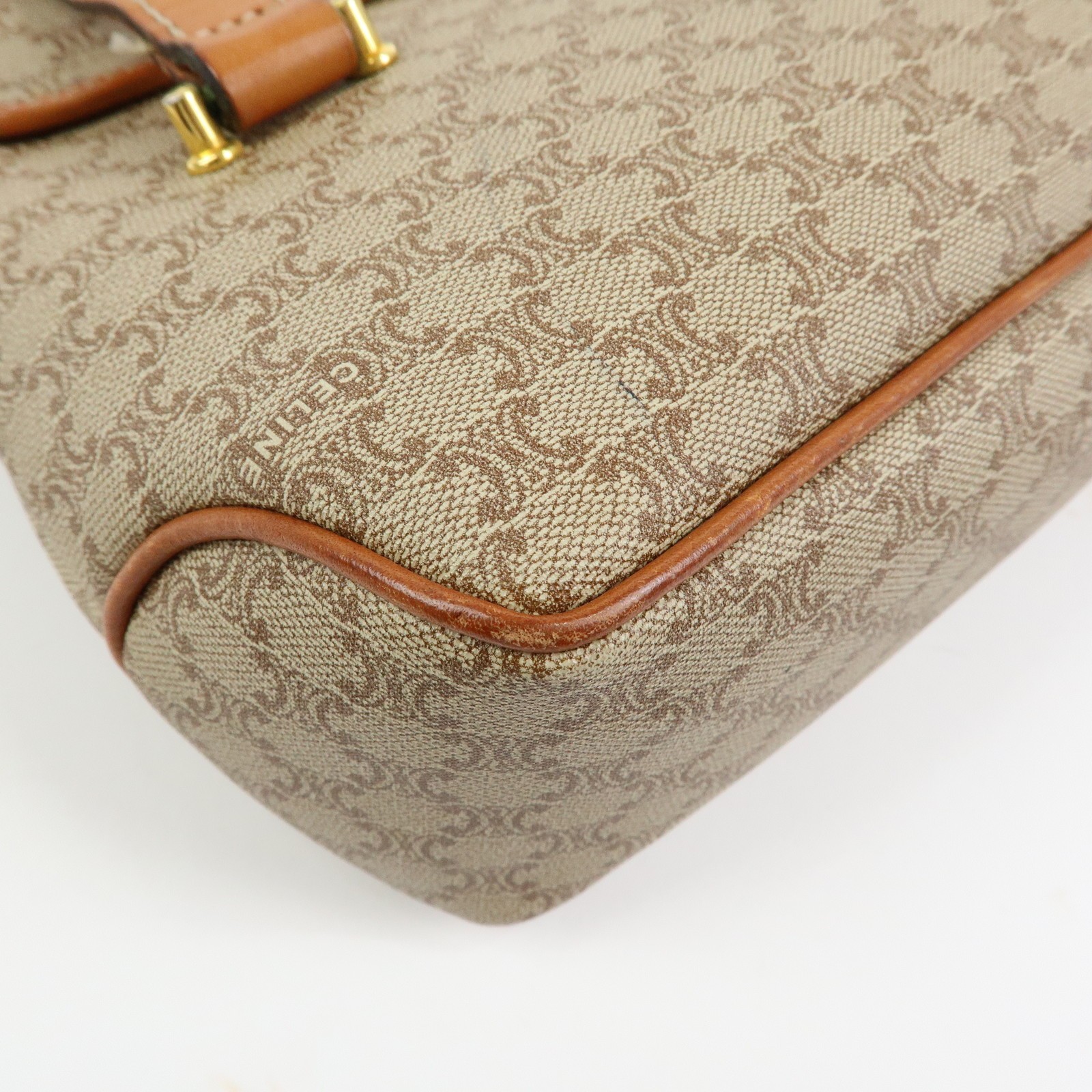 CELINE Logo Macadam PVC Leather Hand Bag Shoulder Bag Beige Brown Auth Used F/S