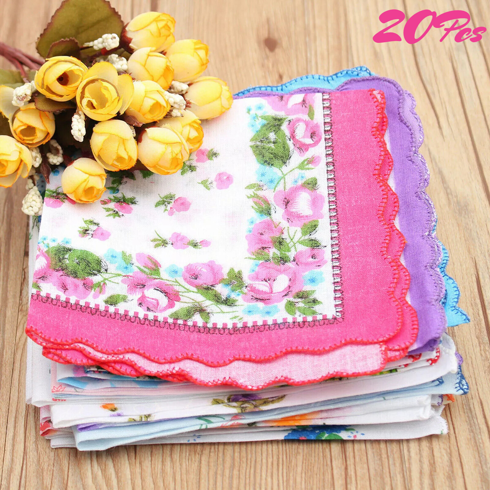 20Pcs Lady Handkerchiefs,100% Cotton Soft Pocket Square, Vintage Flower Hankies