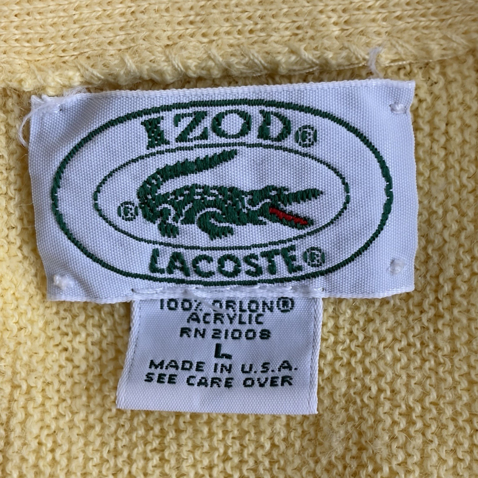Vtg IZOD Lacoste Mens L Acrylic Cardigan Sweater Yellow USA Made Preppy Grandpa