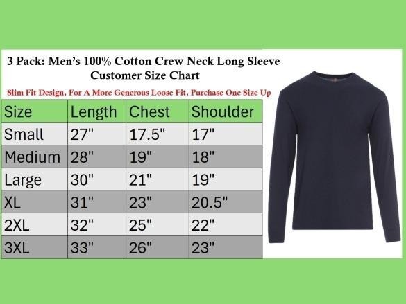 3 Pack: Men’s 100% Cotton Crew Neck Long Sleeve Tee Casual Basic T-Shirt S-4XL
