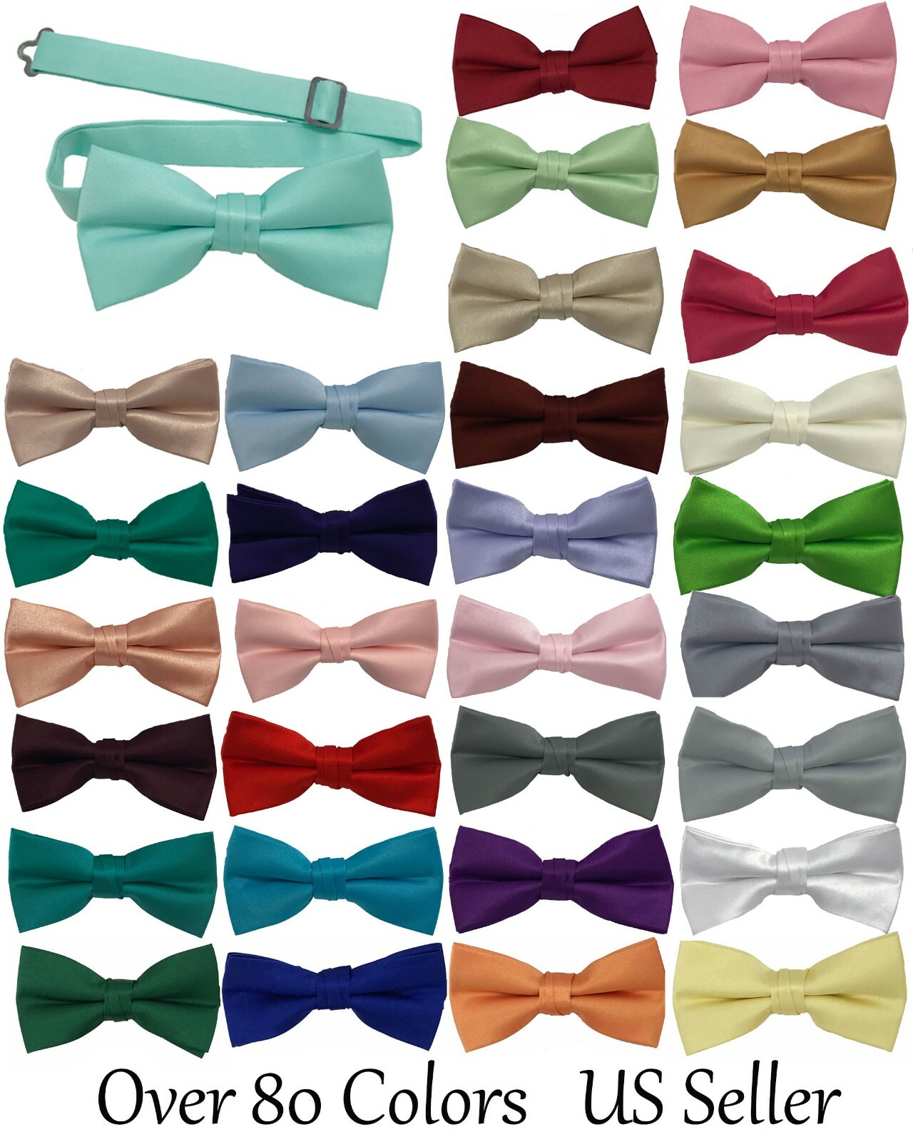 Men’s Bow Tie Quality clip on adjustable neck band Satin Solid Pattern Colors
