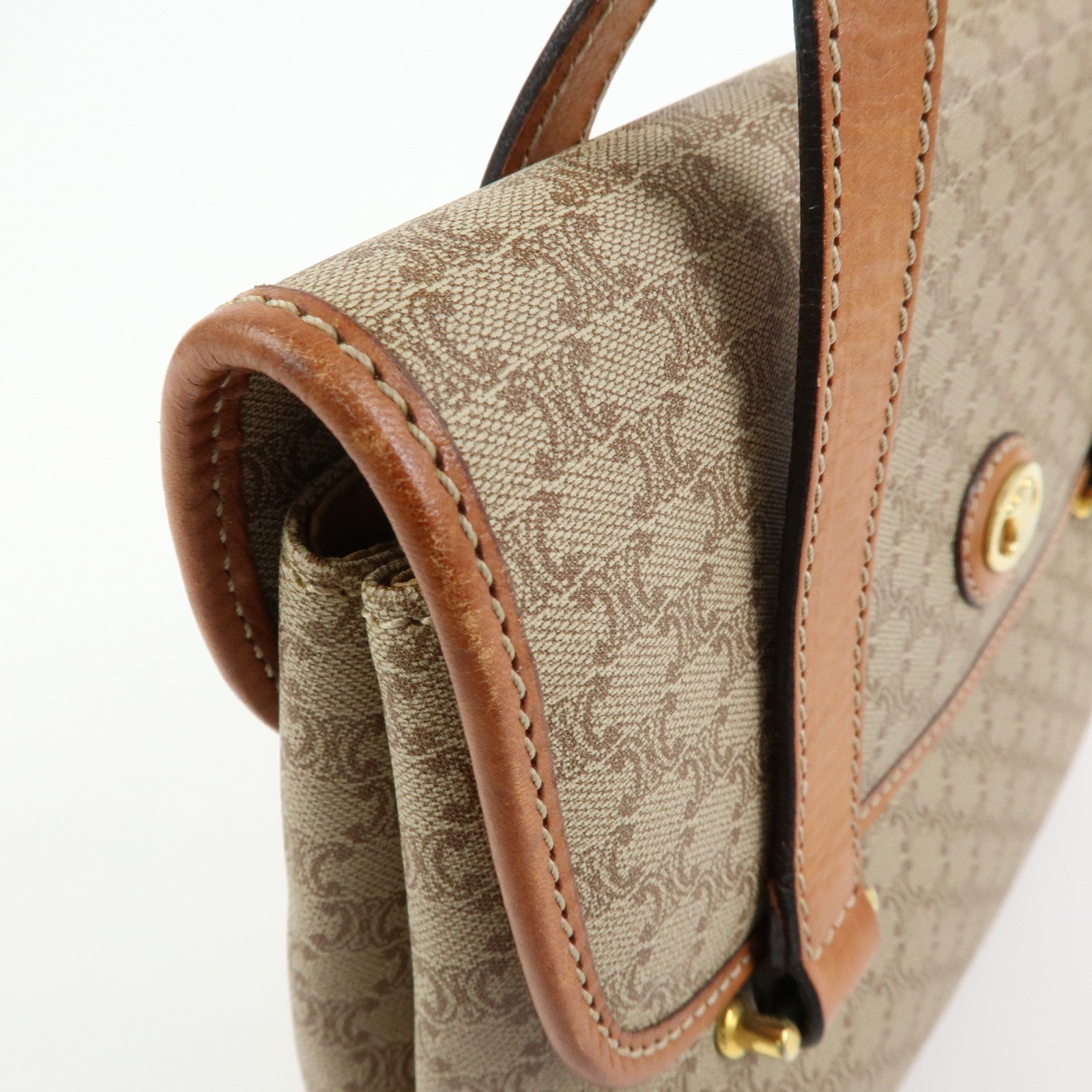 CELINE Logo Macadam PVC Leather Hand Bag Shoulder Bag Beige Brown Auth Used F/S