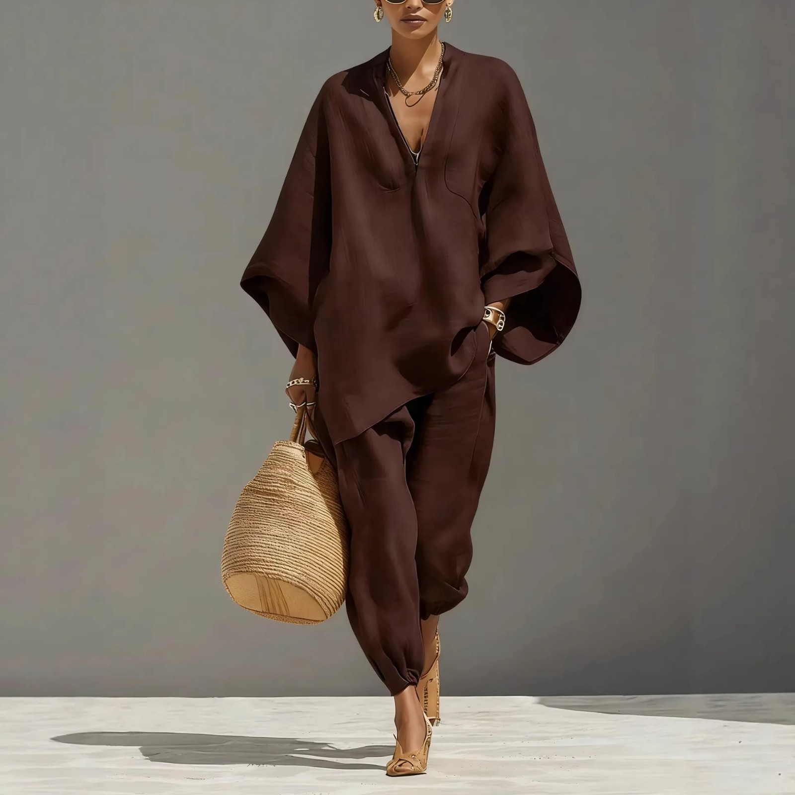 Casual V-neck Two Piece Set Women Outfits Summer Long Sleeve Wide Pant Sets New