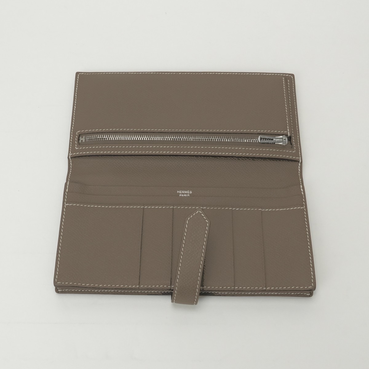HERMES Bearn Soufflet Long Wallet Etoupe Gray Epsom Leather Silver HW